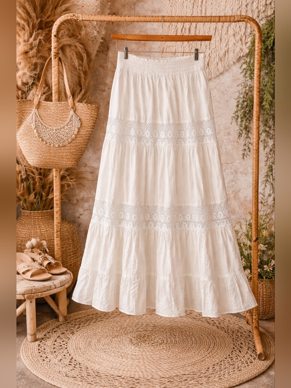 Boho Tiered Maxi Skirt - White